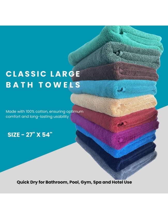 Classic Bath Towels - 100% Cotton (27x54 Inches), Quick Dry for Bathroom, Pool, Gym, Spa and Hotel Use