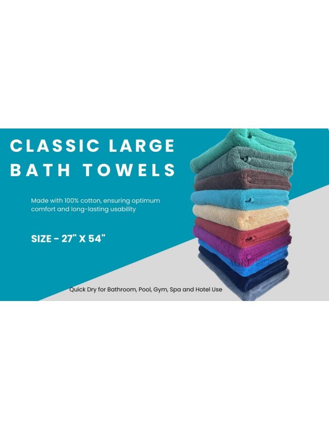 Classic Bath Towels - 100% Cotton (27x54 Inches), Quick Dry for Bathroom, Pool, Gym, Spa and Hotel Use