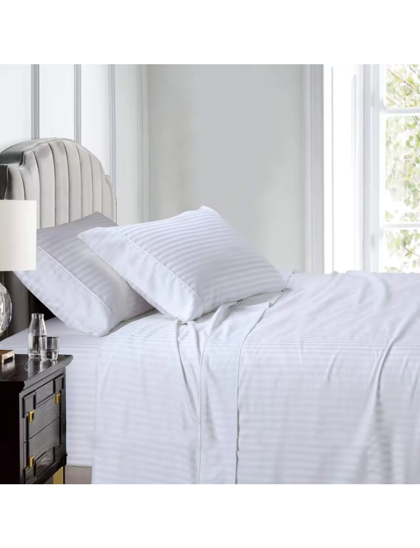 100% Cotton 1cm stripe White Flat Sheet 300 T/C